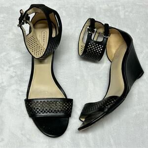 Coach Gabbie Black Perforated Wedge Sandals 2 Ankle Strap Buckle Womens Size 8